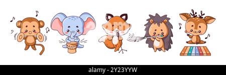 Kawaii Animals che suonano diversi strumenti insieme. Simpatici personaggi musicali si esibiscono in varie scene su sfondo bianco Illustrazione Vettoriale