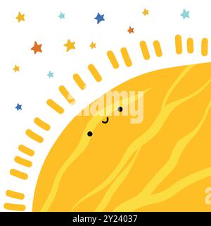 Sistema solare dei pianeti. Sole con il volto dei cartoni animati. Illustrazione vettoriale. Pianeti cartoni animati. Sistema solare per bambini. Illustrazione Vettoriale