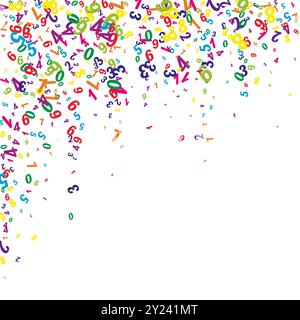Numeri sparsi. Coloratissime cifre infantili che volano caotiche. Banner di matematica di ritorno a scuola su sfondo bianco. Illustrazione vettoriale dei numeri in caduta Illustrazione Vettoriale