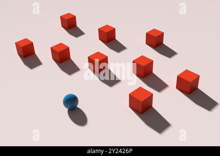 rendering 3d di una sfera blu che si distingue dalla folla di cubi rossi identici. Rendering 3D. Foto Stock