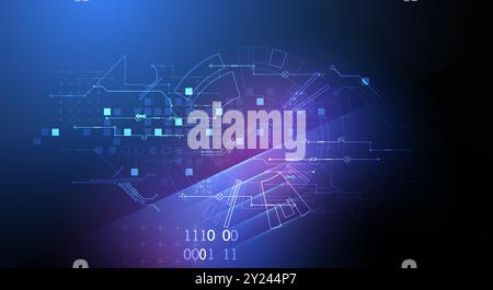 Illustrazione tecnologica astratta con luci al neon su sfondo blu scuro sfumato. Questo vettore è stato disegnato a mano. Illustrazione Vettoriale