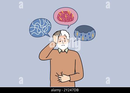 Demenza e malattia di alzheimer nell'uomo anziano che soffre di confusione cerebrale e dolore alla testa. Vecchio nonno ha bisogno di aiuto medico a causa dei sintomi di demenza e sensibilità al tempo. Illustrazione Vettoriale