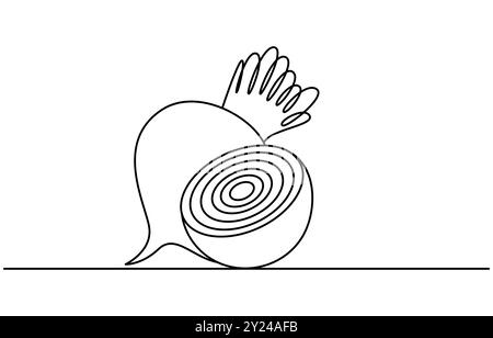 Barbabietola con disegno a linea continua stile barbabietola. Schizzo lineare nero di barbabietola da giardino isolato su sfondo bianco. Un disegno a linea continua Illustrazione Vettoriale