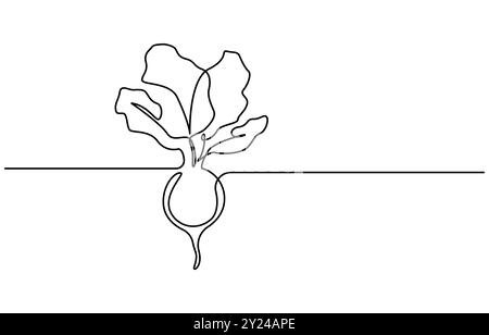 Barbabietola con disegno a linea continua stile barbabietola. Schizzo lineare nero di barbabietola da giardino isolato su sfondo bianco. Un disegno a linea continua Illustrazione Vettoriale
