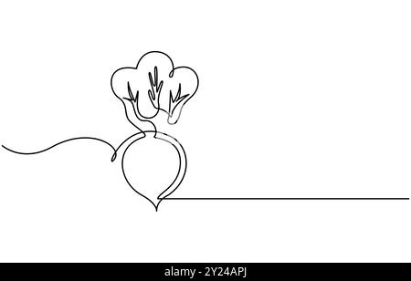 Barbabietola con disegno a linea continua stile barbabietola. Schizzo lineare nero di barbabietola da giardino isolato su sfondo bianco. Un disegno a linea continua Illustrazione Vettoriale