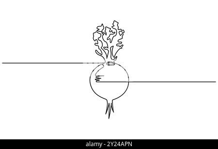Barbabietola con disegno a linea continua stile barbabietola. Schizzo lineare nero di barbabietola da giardino isolato su sfondo bianco. Un disegno a linea continua Illustrazione Vettoriale