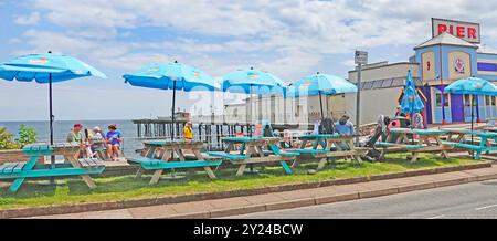 Tavoli da picnic in legno verniciati blu e panchine sul prato all'esterno, ingresso colorato e rinnovato a Teignmouth Victorian Pier Devon, Inghilterra, Regno Unito Foto Stock