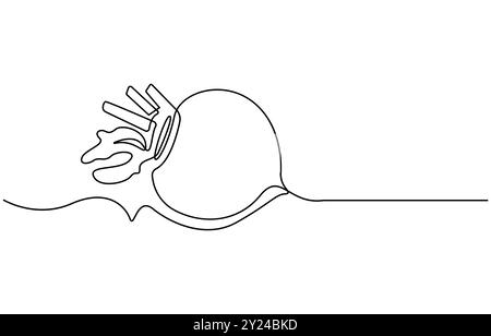 Barbabietola con disegno a linea continua stile barbabietola. Schizzo lineare nero di barbabietola da giardino isolato su sfondo bianco. Un disegno a linea continua Illustrazione Vettoriale