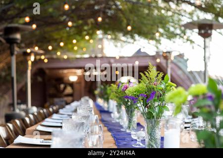 Lungo tavolo in comune per il servizio cena Foto Stock