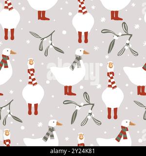 Motivo invernale senza cuciture con graziose oche in una calda sciarpa e stivali a canna. Immagine vettoriale di buon Natale Illustrazione Vettoriale