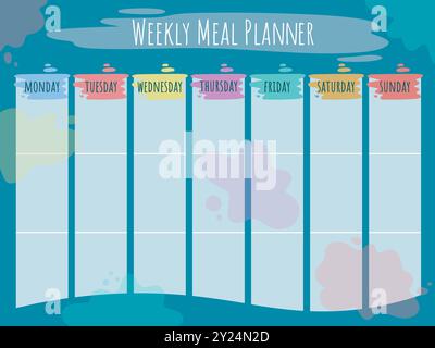 Pianificatore settimanale dei pasti. Forma individuale per monitorare la nutrizione durante la dieta o uno stile di vita sano. Modello di calendario alimentare settimanale per la stampa, vettore Illustrazione Vettoriale