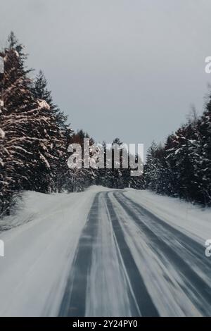 Strada innevata attraverso la foresta artica a Ranua, Lapponia Foto Stock