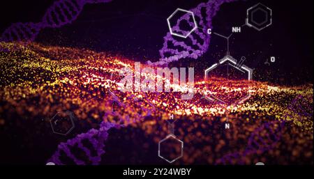 I filamenti di DNA e le strutture chimiche si trovano sopra particelle luminose Foto Stock