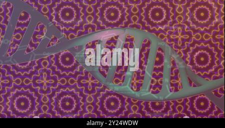 Filamento di DNA ed elaborazione di dati scientifici su pattern geometrici colorati Foto Stock