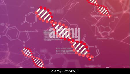 Immagine del filamento di DNA su formule chimiche e strutture molecolari Foto Stock