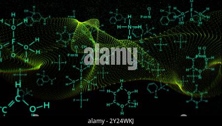 Strutture chimiche e legami molecolari sull'immagine dinamica delle onde verdi Foto Stock