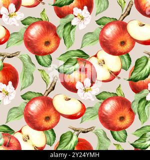 La frutta fresca di mela si adatta perfettamente. Illustrazione ad acquerello disegnata a mano, isolata su sfondo bianco Foto Stock