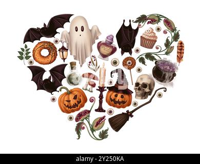 Composizione a forma di cuore di Halloween con fantasmi e altri personaggi in stile cartoni animati. Illustrazione scura disegnata a mano. Disegno isolato perfetto per l'autunno Foto Stock