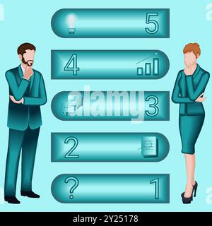 Uomo e donna che utilizzano 5 fasi per identificare problemi o opportunità nel processo decisionale. Concetto di business. Illustrazione vettoriale 2D. Illustrazione Vettoriale