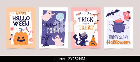 Set di copertine o carte di Halloween. Calligrafia disegnata a mano ed elementi simpatici e spettrali. Modelli di illustrazione vettoriale Illustrazione Vettoriale