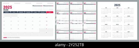 Calendar Planner 2025 in lingua turca. Lunedì a inizio settimana, modello di pianificazione del design aziendale Illustrazione Vettoriale