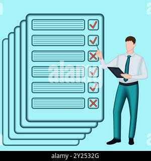 Uomo che ricerca i risultati del sondaggio per identificare e comprendere i problemi durante il processo decisionale. Concetto di business. Illustrazione vettoriale 2D. Illustrazione Vettoriale