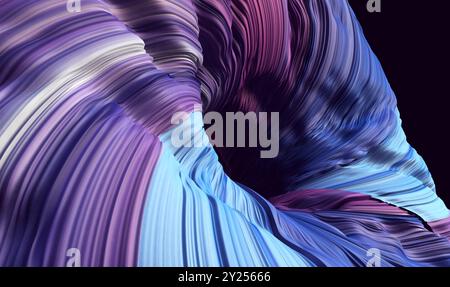 Macro di nastri piegati, carta da parati alla moda con strati ondulati e polsini.illustrazione 3d. Foto Stock