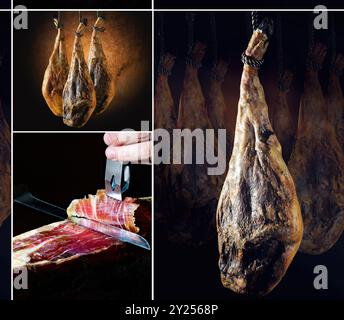 Collage design os affettare il prosciutto spagnolo íberic. Jamon spagnolo e cibo tradizionale. Foto Stock