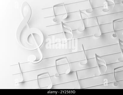 Concetto astratto di musica sinfonica e classica.Treble clef e spartiti musicali in bianco. Foto Stock