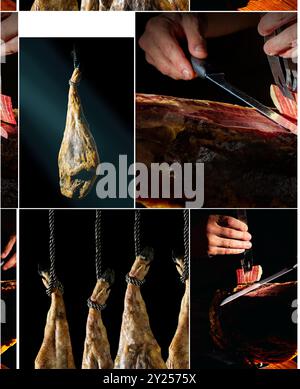 Design collage per affettare il prosciutto spagnolo íberic. Jamon spagnolo e cibo tradizionale. Foto Stock