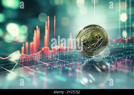 Monete d'oro Ethereum su sfondo futuristico e astratto dei grafici azionari. Concetto finanziario e di investimento. Foto Stock