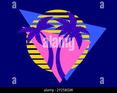 Palme al tramonto, sole retrò in stile anni '80. Silhouette retrò futuristiche di palme contro il sole in una cornice triangolare. Stile Synthwave. Design Illustrazione Vettoriale