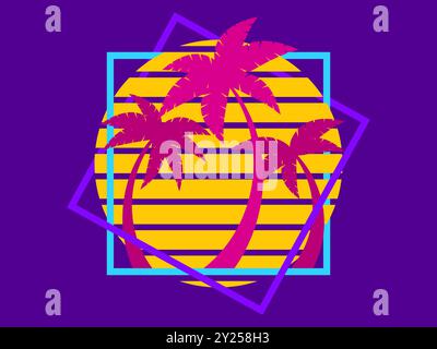 Palme al tramonto, sole retrò in stile anni '80. Silhouette retrò futuristiche di palme contro il sole in una cornice quadrata. Stile Synthwave. Progettare per Illustrazione Vettoriale