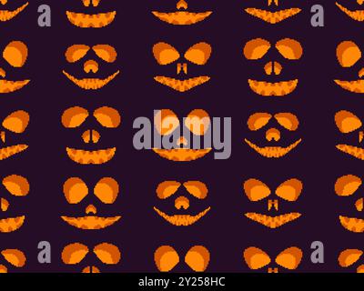 Motivo senza cuciture con il volto spaventoso di halloween in stile pixel art. Faccia di zucca spaventosa da pixel in stile grafico retrò a 8 bit dei giochi degli anni '80. Design per wallpape Illustrazione Vettoriale