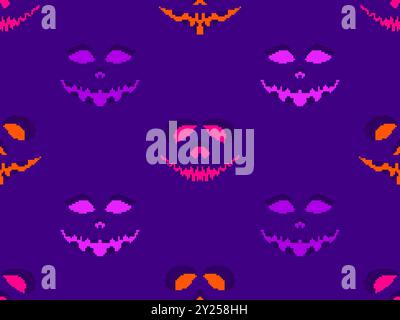 Motivo senza cuciture con il volto spaventoso di halloween in stile pixel art. Faccia di zucca spaventosa da pixel in stile grafico retrò a 8 bit dei giochi degli anni '80. Design per wallpape Illustrazione Vettoriale