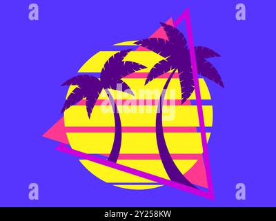Palme al tramonto, sole retrò in stile anni '80. Silhouette retrò futuristiche di palme contro il sole in una cornice triangolare. Stile Synthwave. Design Illustrazione Vettoriale