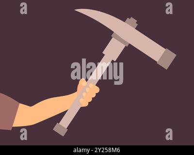 Mano che tiene una piccone per l'estrazione. Piccone è uno strumento di lavoro per lavorare in una miniera. Crypto Mining. Design per banner, poster e prodotti pubblicitari Illustrazione Vettoriale