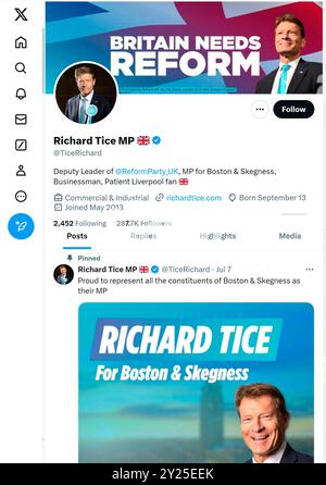 "X" - ex Twitter - pagina (settembre 2024) del deputato Richard Tice - vice leader del Partito di riforma Foto Stock