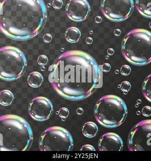 Bolle di sapone. Bolle di sapone realistiche trasparenti con riflesso arcobaleno. Illustrazione vettoriale Illustrazione Vettoriale