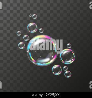 Bolle di sapone. Bolle di sapone realistiche trasparenti con riflesso arcobaleno. Illustrazione vettoriale Illustrazione Vettoriale
