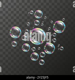 Bolle di sapone. Bolle di sapone realistiche trasparenti con riflesso arcobaleno. Illustrazione vettoriale Illustrazione Vettoriale