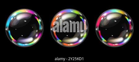 Spettro colorato delle bolle di sapone su sfondo nero. Bolle d'aria realistiche riflessi grafici 3D ed effetto di trasparenza. Illustrazione vettoriale Illustrazione Vettoriale