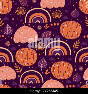 Zucche senza cuciture. Verdure da raccolta autunnale di Halloween design senza fine, decorazioni di zucche di Halloween o di ringraziamento sfondo vettoriale piatto i Illustrazione Vettoriale