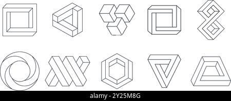 Illusione ottica, elementi geometrici irreali. Forme lineari astratte impossibili, delirio visivo figure geometriche collezione di illustrazioni vettoriali piatte Illustrazione Vettoriale