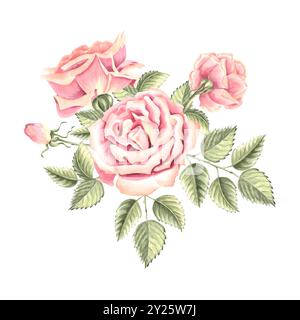 Fiori di rose con foglie verdi. Composizione primaverile. Illustrazione ad acquerello disegnata a mano isolata. Clipart botanico di piante da giardino. Design floreale Foto Stock