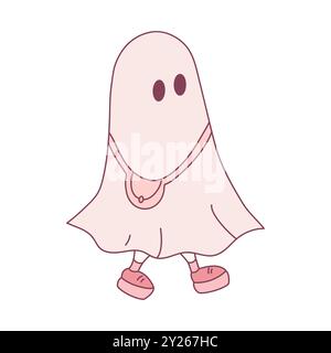 Piccolo fantasma carino con scarpe con borsa a croce. Grazioso fantasma disegnato a mano, isolato su sfondo bianco. Illustrazione vettoriale di Halloween Illustrazione Vettoriale