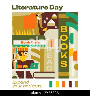 Illustrazione sull'argomento dei libri. Design perfetto per librerie e caffetterie, eventi letterari, festival e club del libro. Illustrazione Vettoriale