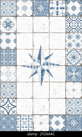 Piastrelle di ceramica azulejos in stile mediterraneo con cuciture fessurate e rigate in cornice rettangolare 1:1,6. Isolata su sfondo bianco ad acquerello Foto Stock