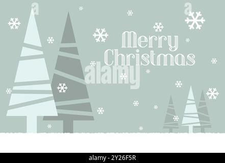 Biglietto d'auguri realizzato con un'illustrazione di un paesaggio invernale disegnato con semplici forme geometriche. Illustrazione Vettoriale