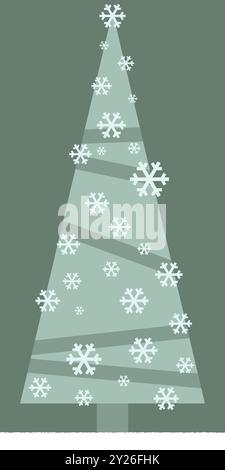 Illustrazione di un albero di Natale disegnato con semplici forme geometriche. Le decorazioni degli alberi sono fiocchi di neve. Illustrazione Vettoriale